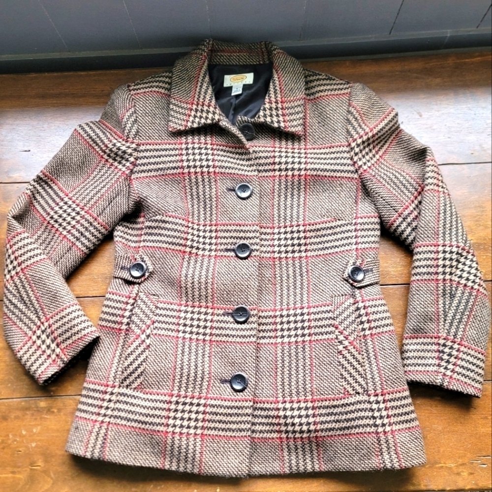 Talbots 100% Wool Houndstooth Plaid Tan Red Black Pea Coat sz 4P Old Money